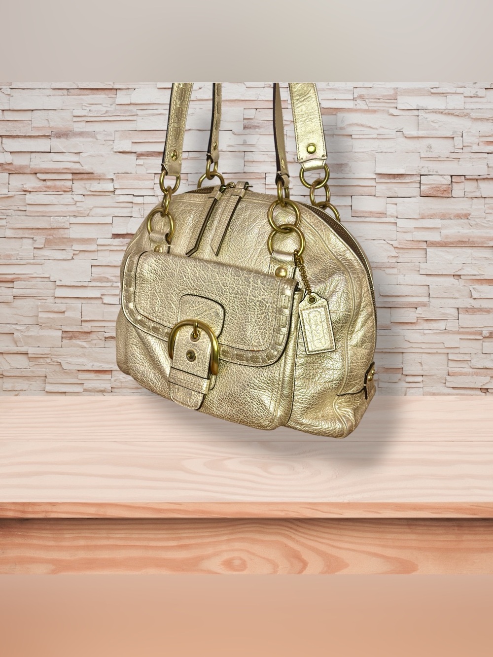 Coach Courtney Dome Metallic Gold Leather Shoulder Bag Whipstitch Buckle Pocket - Picture 4 of 8